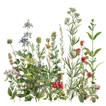A vibrant collection of wildflowers and plants, showcasing nature's diversity in colors and shapes. png