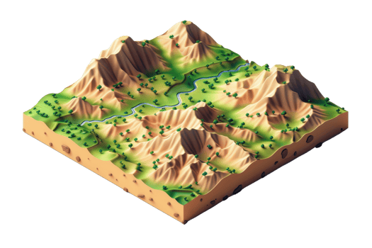 3D render of a topographic map model featuring mountains, valleys, and a river, showcasing terrain and geographical features. png