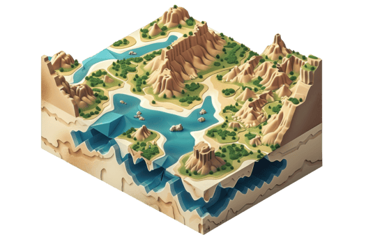 3D isometric terrain model featuring mountains, rivers, and valleys. Ideal for geography, education, and game design visuals. png