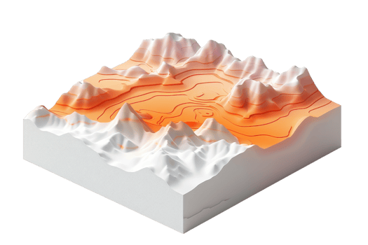 3D topographic model showcasing mountainous terrain with elevated peaks, valleys, and contour lines, illustrating geographical features. png