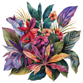 Beautiful tropical floral arrangement with vibrant leaves and flowers in vivid colors, perfect for decor and design backgrounds. png