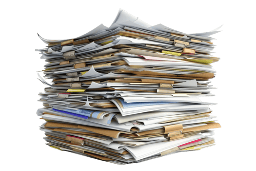 A large stack of documents and papers piled high, representing paperwork, bureaucracy, and office work. Isolated on a transparent background. png