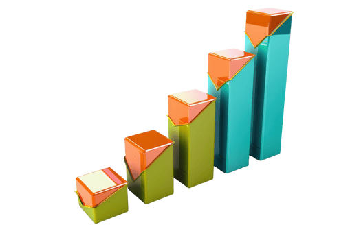 3D bar chart graph showing growth, depicted with colorful bars and upward arrows, symbolizing statistical analysis and progress. png