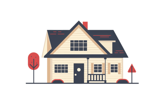 Illustration of a charming suburban house with a front porch and two trees, capturing the essence of cozy residential living. png