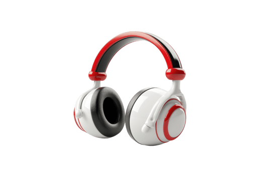 High-quality white and red over-ear headphones with a sleek design, perfect for music enthusiasts and gamers. Isolated on a transparent background. png