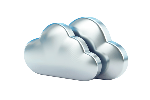 3D illustration of two metallic clouds symbolizing cloud computing and digital storage on a transparent background. png