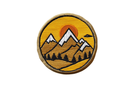 Embroidered badge featuring a sunset mountain design with three peaks, trees, and an orange sky, perfect for outdoor and adventure motifs. png