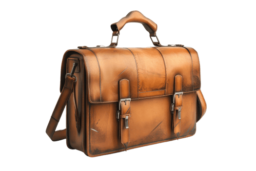 Vintage brown leather briefcase with handle and shoulder strap, showcasing classic and elegant design, perfect for business or office use. png