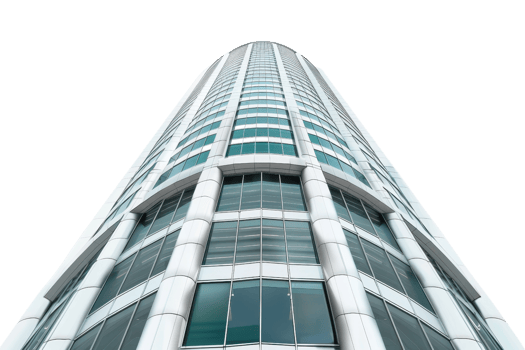 Modern high-rise building with glass windows and sleek architectural design, viewed from a low angle against a clear background. png
