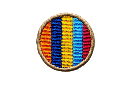 Colorful embroidered patch with vertical stripes in orange, yellow, blue, and red. Circular design with a beige border. png