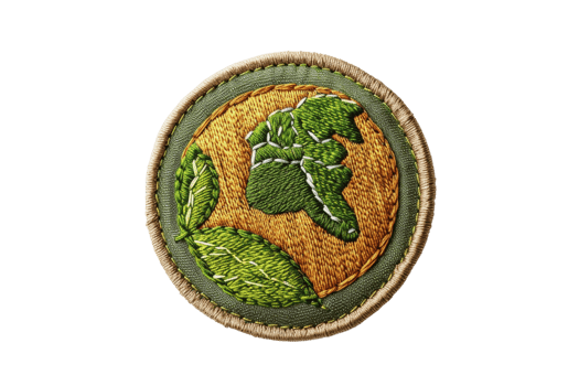 Embroidered patch featuring Earth with green leaves, promoting environmental awareness and sustainability. png