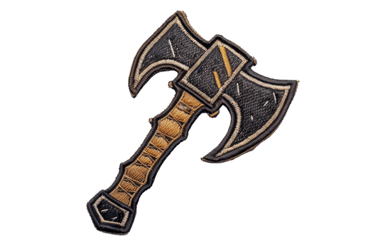 Illustrated embroidered patch of a double-headed axe with a detailed handle and stitching, perfect for customization on garments or accessories. png