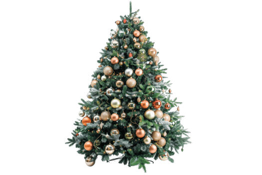 Beautifully decorated Christmas tree adorned with various ornaments and decorations, perfect for festive holiday celebrations. png