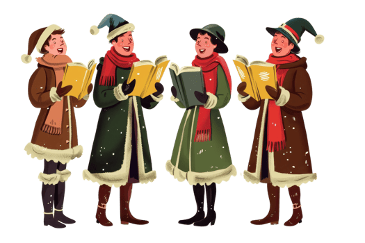 Illustration of joyful carolers singing Christmas songs in cozy winter clothing, spreading holiday cheer during snowfall. png