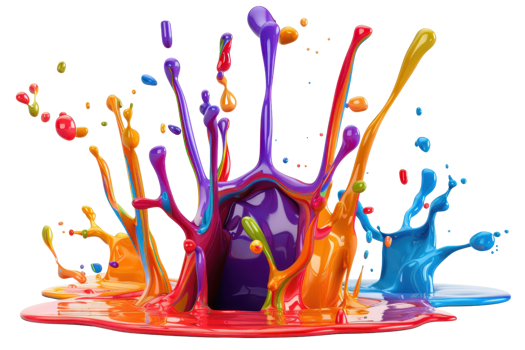 Vibrant and colorful paint splashes captured in mid-motion, creating an abstract and dynamic explosion of colors on a transparent background. png