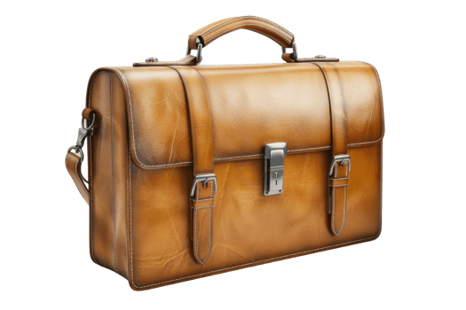 Elegant brown leather briefcase with buckle straps and a top handle, perfect for business and travel needs, isolated on a transparent background. png