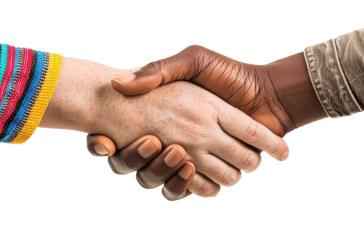 Close-up of a diverse handshake symbolizing unity, cooperation, and agreement, with hands of different skin tones in vibrant clothing. png