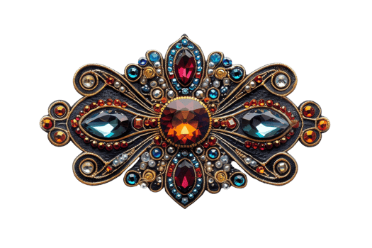 Elegant ornate brooch adorned with colorful gemstones, blending antique charm with vibrant modern design. Perfect for vintage fashion enthusiasts. png