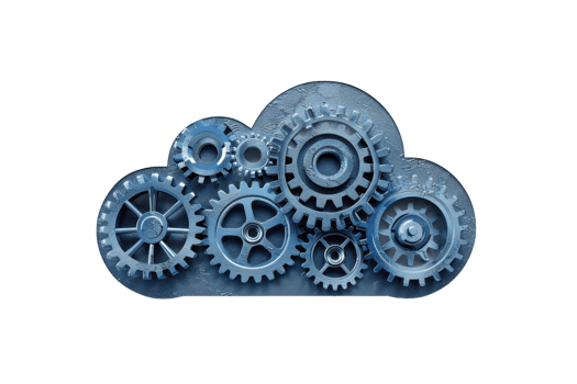 Conceptual image of cloud computing with interconnected gears, symbolizing technology, collaboration, and data management. png