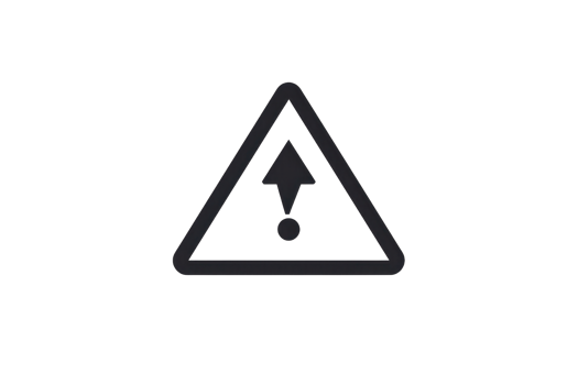 icon of a caution sign with an upward arrow and exclamation point. Black warning symbol on a transparent background. png