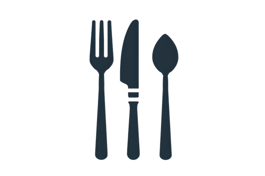 Black and white icon of a fork, knife, and spoon, symbolizing dining utensils and cutlery essential for eating and dining purposes. png