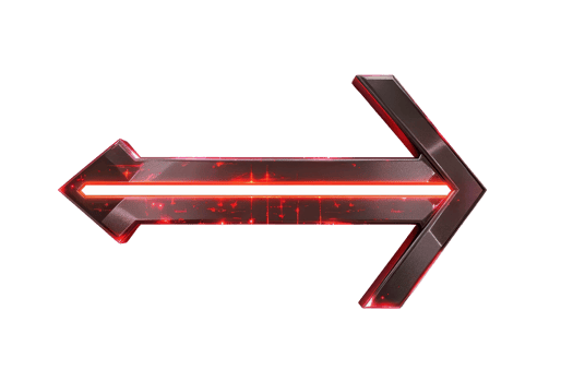 Futuristic neon arrow with glowing red accents pointing right, isolated on transparent background. Modern design element for user interfaces and graphics. png