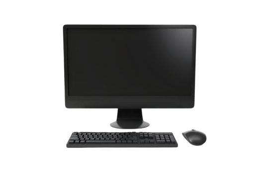 Modern desktop computer setup with monitor, keyboard, and mouse on transparent background. isolated image ideal for technology themes. png