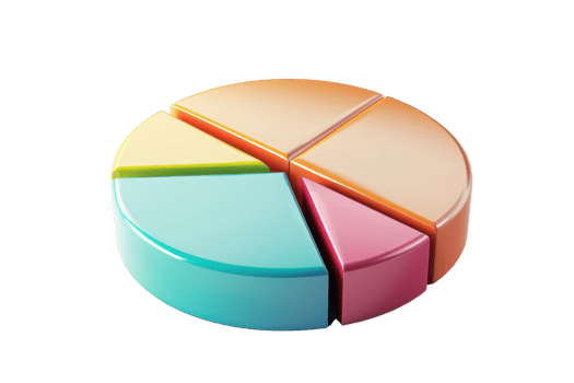 3D colorful pie chart with five segments representing data distribution, isolated on a transparent background. ideal for business presentations. png