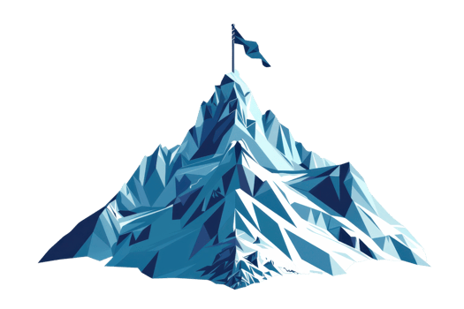 Low poly illustration of a mountain peak with a flag on top, representing achievement and success in a geometric art style. png
