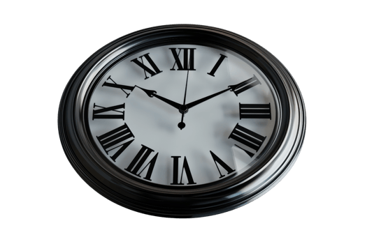 Analog wall clock with Roman numerals and elegant black frame. Classic timepiece for home decor, office, and time management. png
