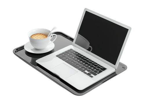 Laptop with coffee cup on black tray, perfect for online work, remote business, modern workspaces, or freelance activities. png