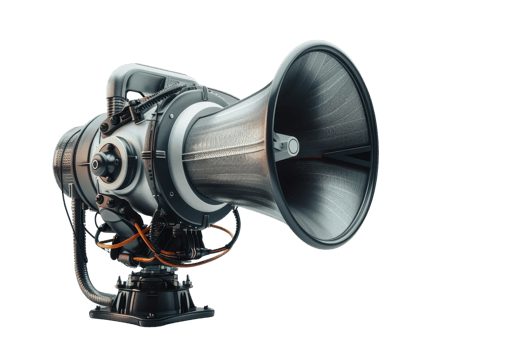A powerful and futuristic industrial megaphone with intricate details, isolated on a transparent background. ideal for technology and machinery themes. png