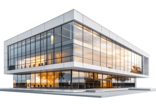 Modern glass office building with sleek architecture, reflecting natural light and surroundings, showcasing contemporary design and urban elegance. png