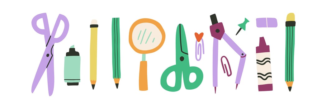 Set with school stationery. Pencils, hands, scissors. Hand drawn illustration. vector