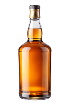 Glass bottle of amber liquor with a silver cap png
