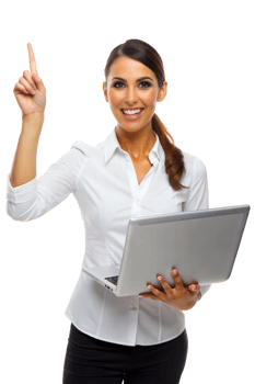 Woman excitedly showing laptop indoors png