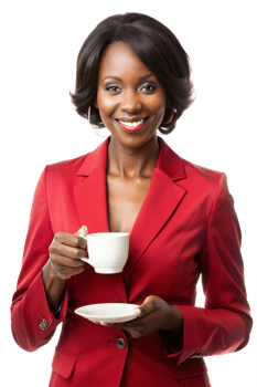 Woman in red suit sipping tea casually png