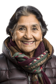 Smiling elderly woman in a cozy jacket and scarf png