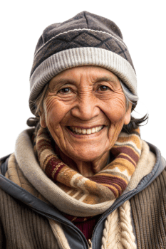 Elderly woman smiling warmly in winter attire png