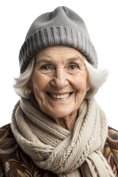 Elderly woman smiles in winter clothes png