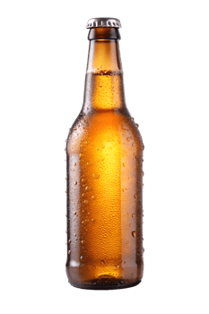 Cold amber beverage bottle with condensation png