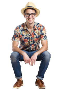 Stylish man in floral shirt and hat sitting down png