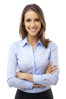 Confident woman in a blue shirt smiling warmly png
