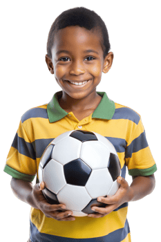 Young boy holds soccer ball with a big smile png