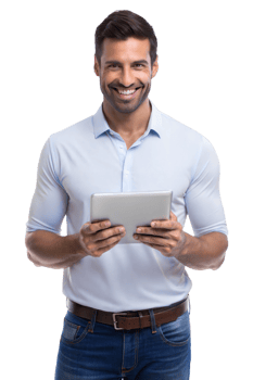 Smiling man holding a tablet and looking confident png