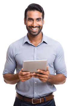 Smiling man with a tablet indoors png