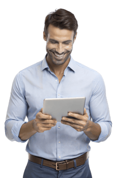 Smiling young man with a tablet outdoors png