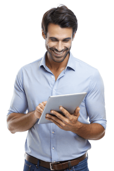 Smiling young man with tablet in bright space png