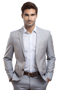 Young man in a light gray suit posing confidently png