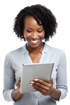 Smiling woman using a tablet in a bright setting png